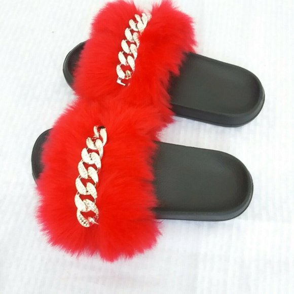 Red Faux Fur Slides/Slippers/With Chain - Picture 4 of 7